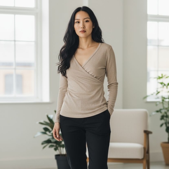 EUC Michael Stars One Size Light Brown Tan Sparkly Long Sleeved Tshirt! - Picture 7 of 8